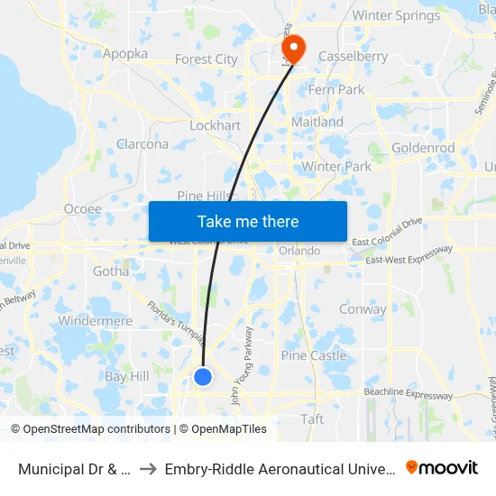 Municipal Dr & International Dr to Embry-Riddle Aeronautical University (Metro Orlando Campus) map