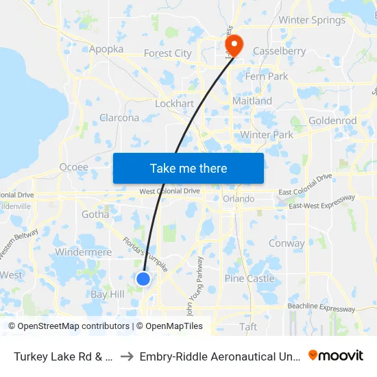 Turkey Lake Rd & Universal Studios Plz to Embry-Riddle Aeronautical University (Metro Orlando Campus) map