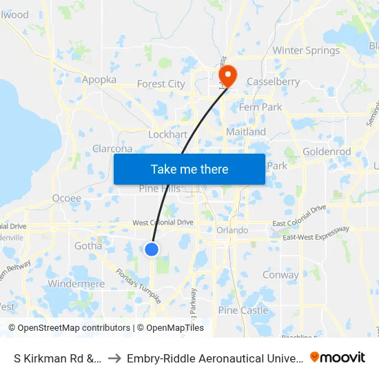 S Kirkman Rd & Preferred Pkwy to Embry-Riddle Aeronautical University (Metro Orlando Campus) map