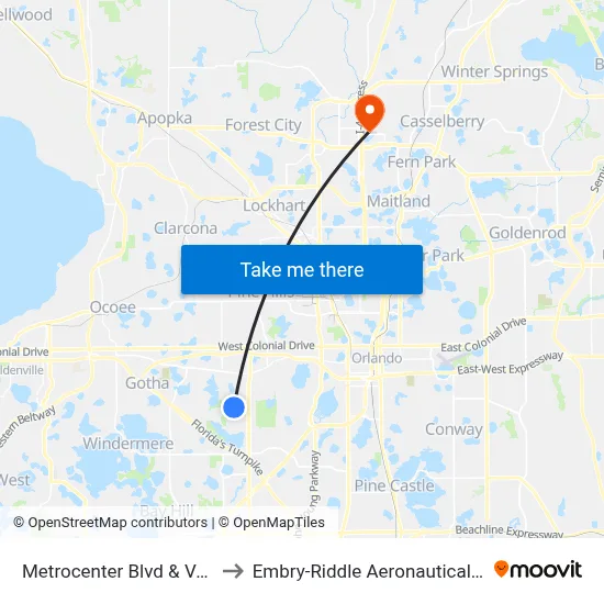 Metrocenter Blvd & Valencia Community College Dr to Embry-Riddle Aeronautical University (Metro Orlando Campus) map