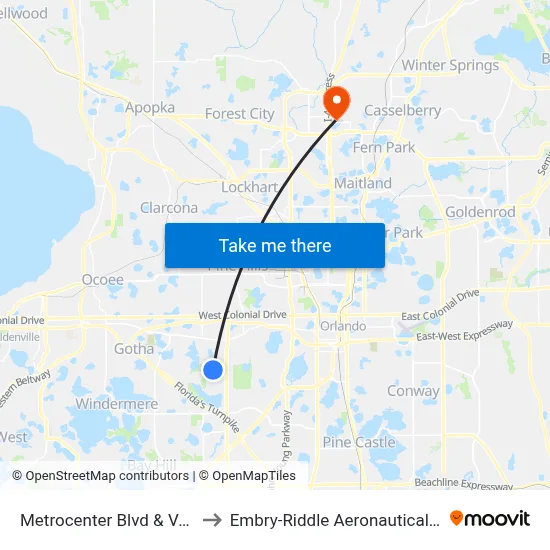 Metrocenter Blvd & Valencia Community College Dr to Embry-Riddle Aeronautical University (Metro Orlando Campus) map