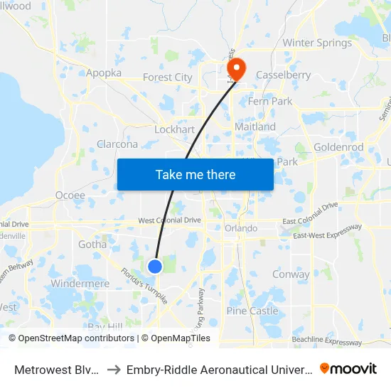 Metrowest Blvd & Wilshire Dr to Embry-Riddle Aeronautical University (Metro Orlando Campus) map