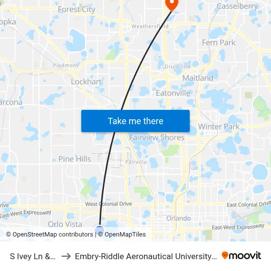 S Ivey Ln & Malibu St to Embry-Riddle Aeronautical University (Metro Orlando Campus) map