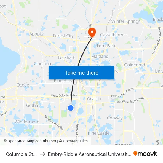 Columbia St & S Ivey Ln to Embry-Riddle Aeronautical University (Metro Orlando Campus) map