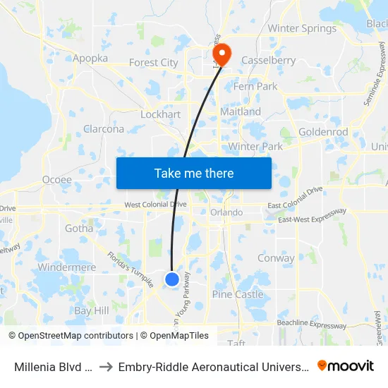 Millenia Blvd & Conroy Rd to Embry-Riddle Aeronautical University (Metro Orlando Campus) map