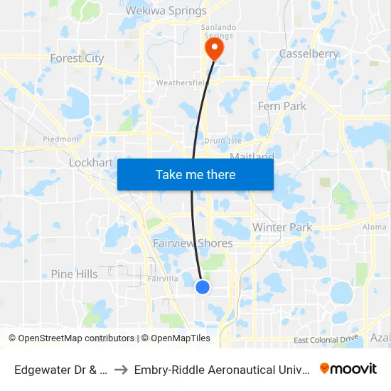 Edgewater Dr & W Winter Park St to Embry-Riddle Aeronautical University (Metro Orlando Campus) map