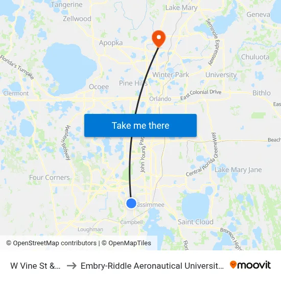 W Vine St & N Bass Rd to Embry-Riddle Aeronautical University (Metro Orlando Campus) map