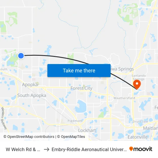 W Welch Rd & Rocky Point Rd to Embry-Riddle Aeronautical University (Metro Orlando Campus) map