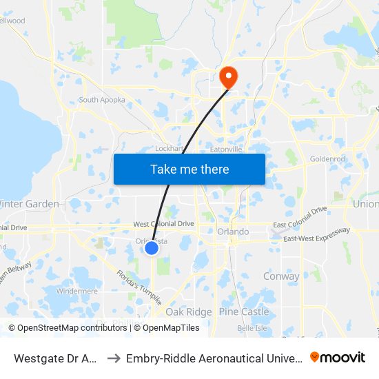 Westgate Dr And S Kirkman Rd to Embry-Riddle Aeronautical University (Metro Orlando Campus) map