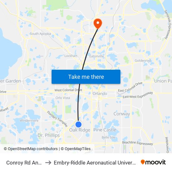 Conroy Rd And Eastgate Dr to Embry-Riddle Aeronautical University (Metro Orlando Campus) map