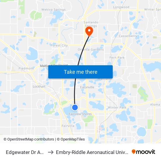 Edgewater Dr And Thistledown Dr to Embry-Riddle Aeronautical University (Metro Orlando Campus) map