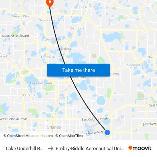 Lake Underhill Rd And Mercado Ave to Embry-Riddle Aeronautical University (Metro Orlando Campus) map