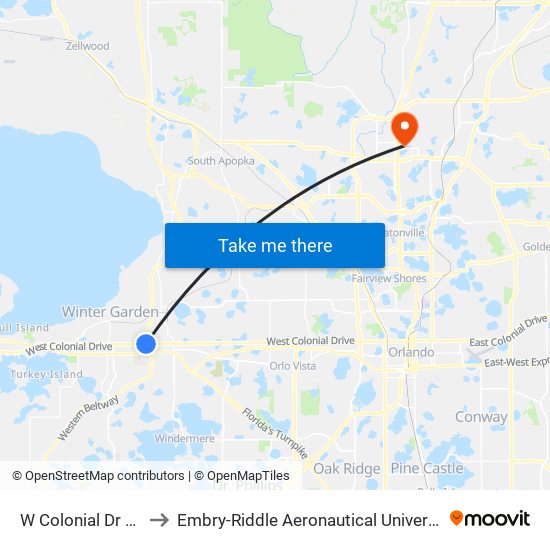 W Colonial Dr And Elboc Way to Embry-Riddle Aeronautical University (Metro Orlando Campus) map