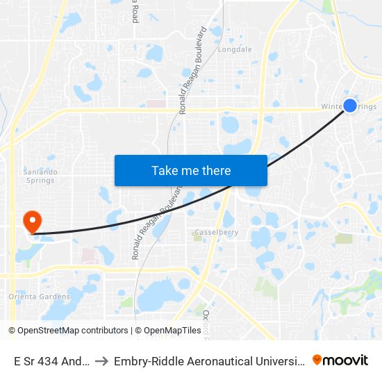 E Sr 434 And N Moss Rd to Embry-Riddle Aeronautical University (Metro Orlando Campus) map