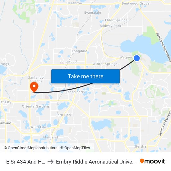 E Sr 434 And Heritage Park St to Embry-Riddle Aeronautical University (Metro Orlando Campus) map
