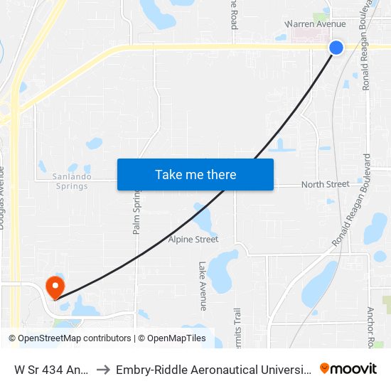 W Sr 434 And W Lake St to Embry-Riddle Aeronautical University (Metro Orlando Campus) map