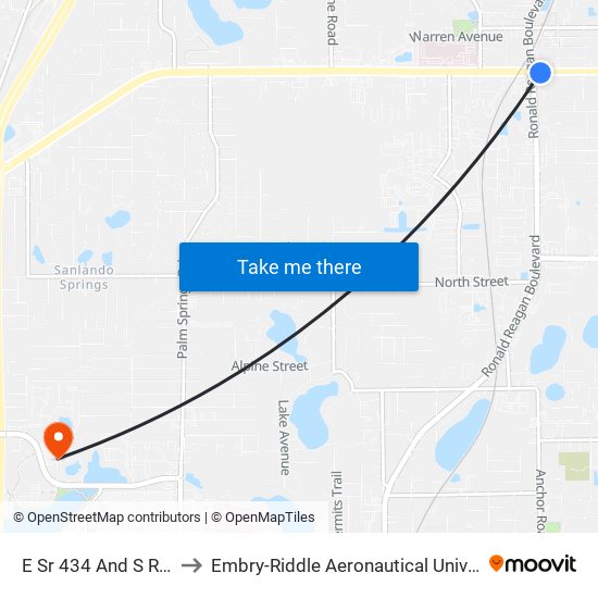 E Sr 434 And S Ronald Reagan Blvd to Embry-Riddle Aeronautical University (Metro Orlando Campus) map
