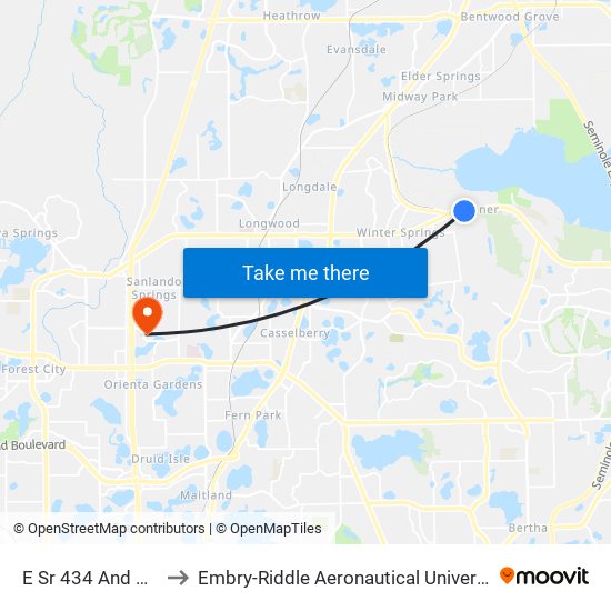 E Sr 434 And Stone Gable Cir to Embry-Riddle Aeronautical University (Metro Orlando Campus) map