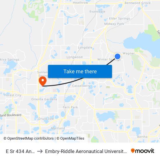 E Sr 434 And Wade St to Embry-Riddle Aeronautical University (Metro Orlando Campus) map