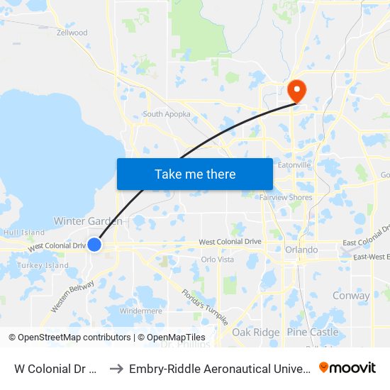 W Colonial Dr And Windtree Ln to Embry-Riddle Aeronautical University (Metro Orlando Campus) map