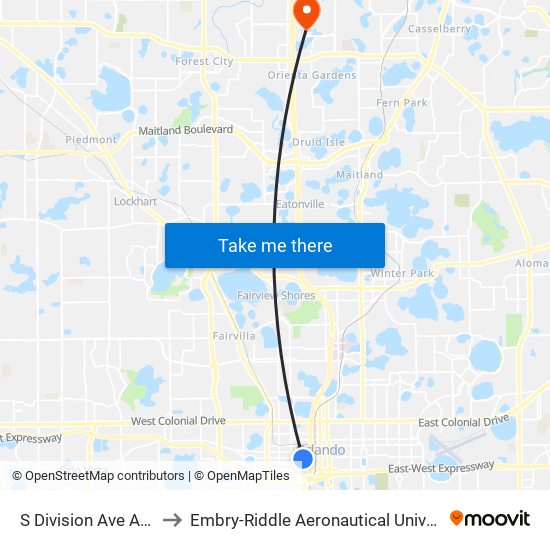 S Division Ave And W Central Blvd to Embry-Riddle Aeronautical University (Metro Orlando Campus) map