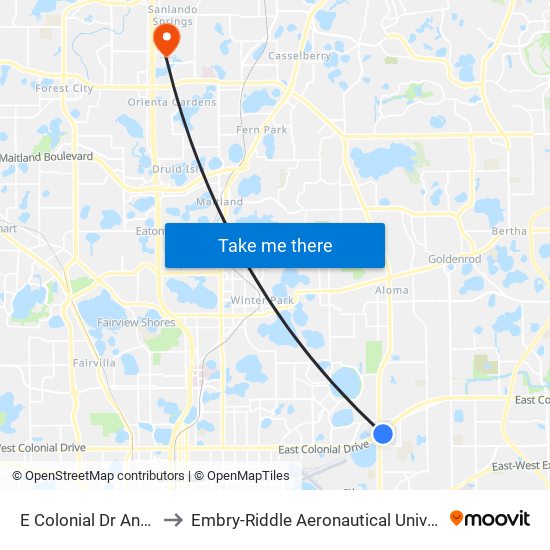 E Colonial Dr And N Semoran Blvd to Embry-Riddle Aeronautical University (Metro Orlando Campus) map