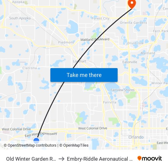 Old Winter Garden Rd And Sandpiper Ridge Dr to Embry-Riddle Aeronautical University (Metro Orlando Campus) map