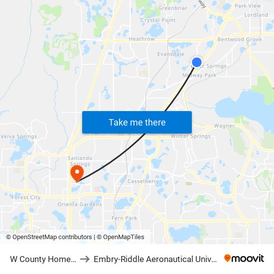 W County Home Rd And Loop Rd to Embry-Riddle Aeronautical University (Metro Orlando Campus) map