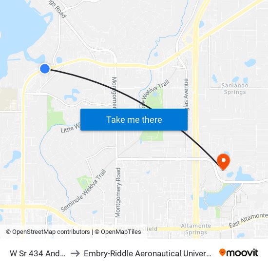 W Sr 434 And Lake Rena Dr to Embry-Riddle Aeronautical University (Metro Orlando Campus) map