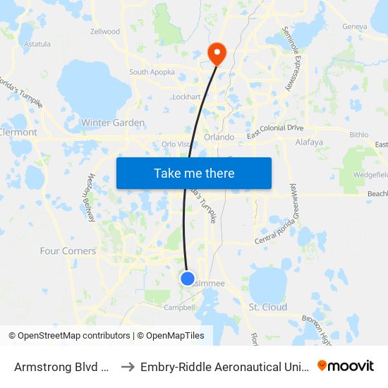 Armstrong Blvd And W Columbia Ave to Embry-Riddle Aeronautical University (Metro Orlando Campus) map