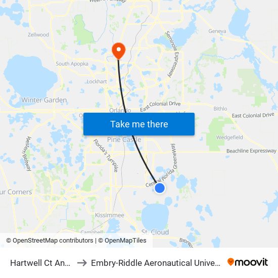 Hartwell Ct And Laureate Blvd to Embry-Riddle Aeronautical University (Metro Orlando Campus) map