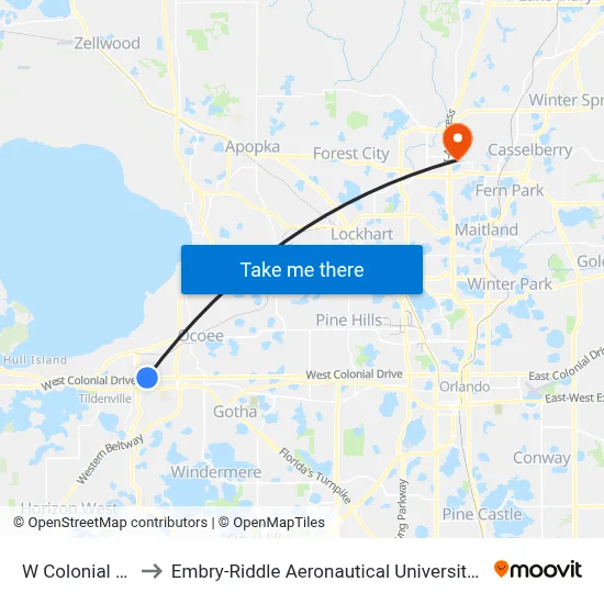W Colonial Dr & 5th St to Embry-Riddle Aeronautical University (Metro Orlando Campus) map