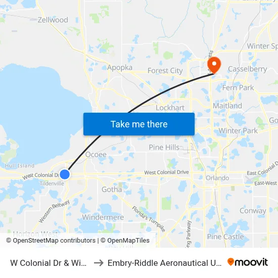 W Colonial Dr & Winter Garden Vineland Rd to Embry-Riddle Aeronautical University (Metro Orlando Campus) map