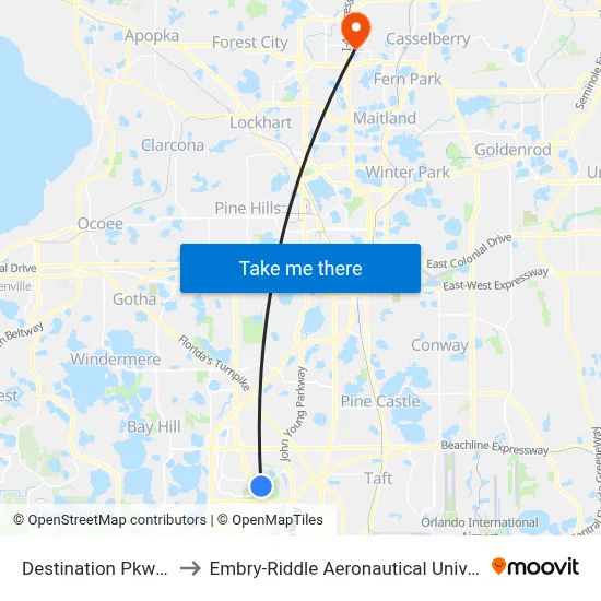 Destination Pkwy & Universal Blvd to Embry-Riddle Aeronautical University (Metro Orlando Campus) map