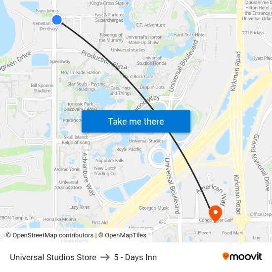 Universal Studios Store to 5 - Days Inn map