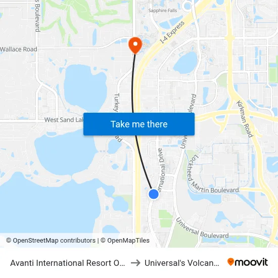 Avanti International Resort Orlando to Universal's Volcano Bay map