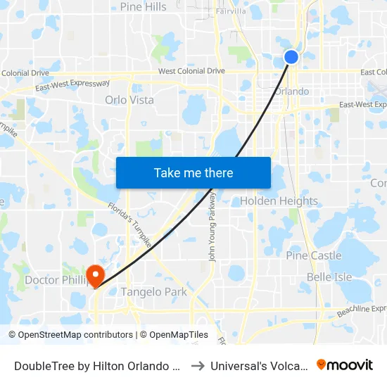 DoubleTree by Hilton Orlando Downtown to Universal's Volcano Bay map