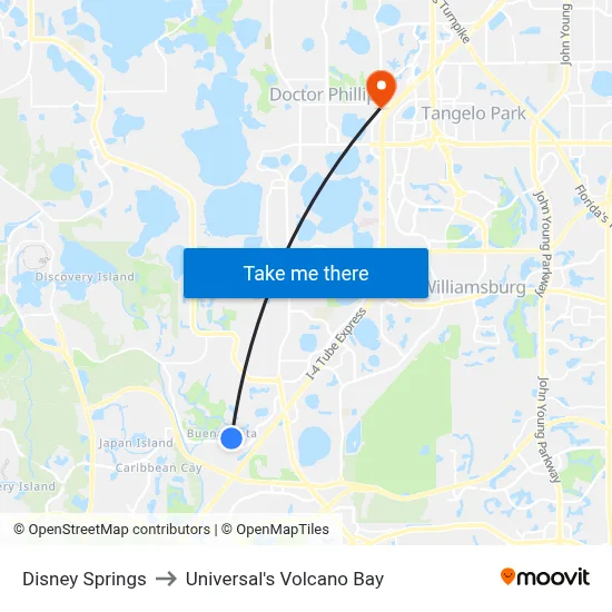 Disney Springs to Universal's Volcano Bay map