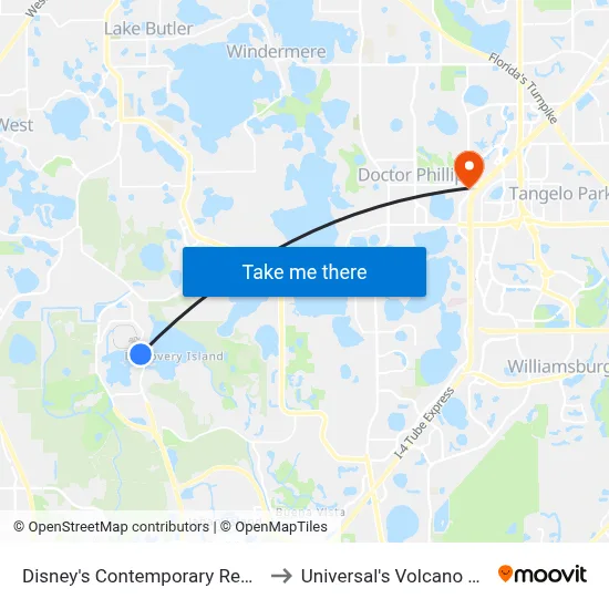 Disney's Contemporary Resort to Universal's Volcano Bay map