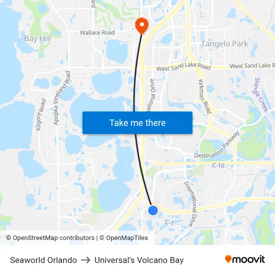 Seaworld Orlando to Universal's Volcano Bay map
