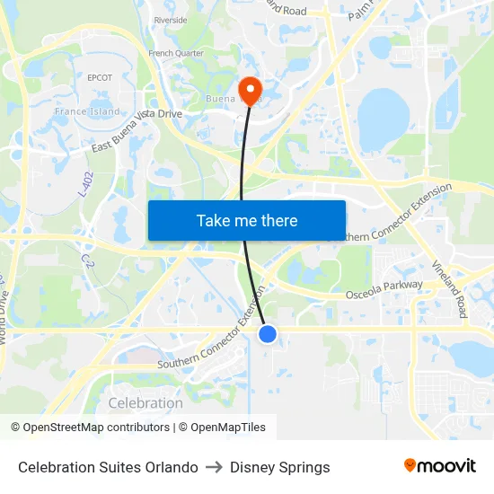 Celebration Suites Orlando to Disney Springs map