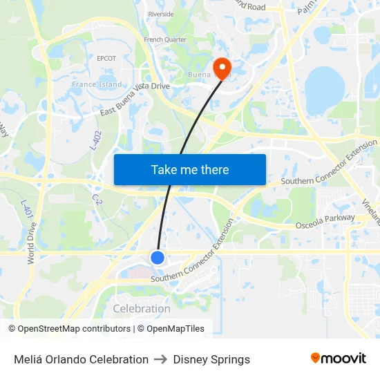 Meliá Orlando Celebration to Disney Springs map