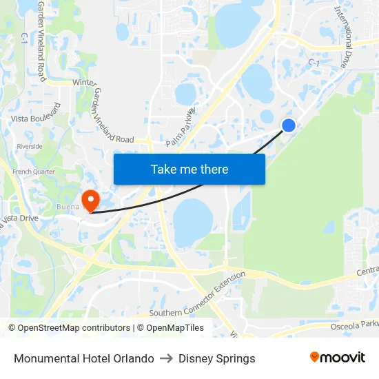 Monumental Hotel Orlando to Disney Springs map