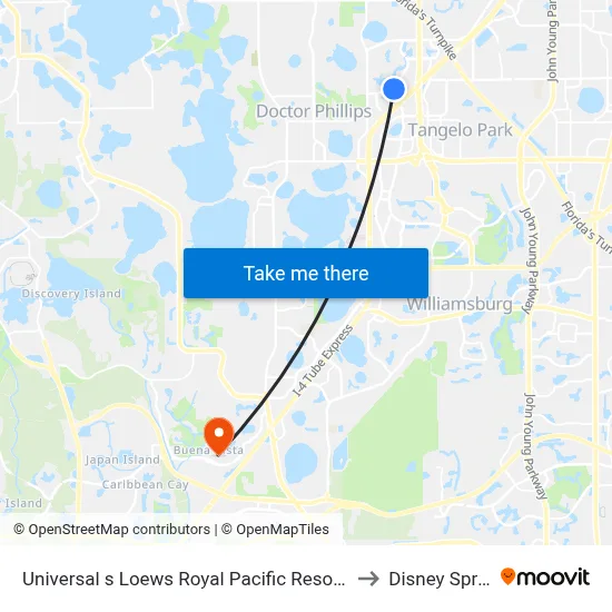 Universal s Loews Royal Pacific Resort Orlando to Disney Springs map