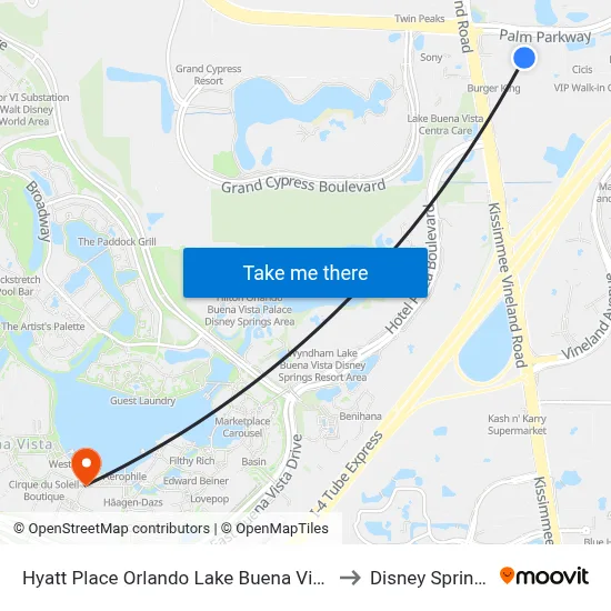 Hyatt Place Orlando Lake Buena Vista to Disney Springs map