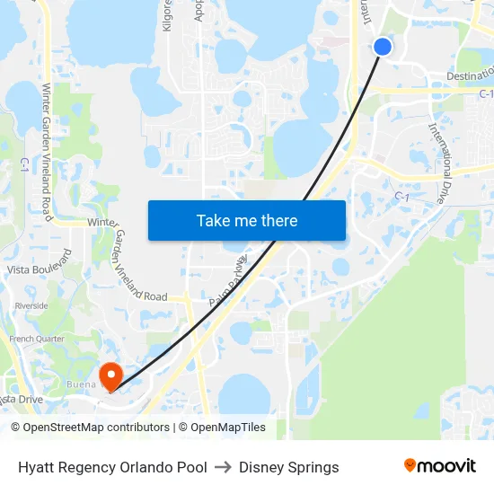 Hyatt Regency Orlando Pool to Disney Springs map