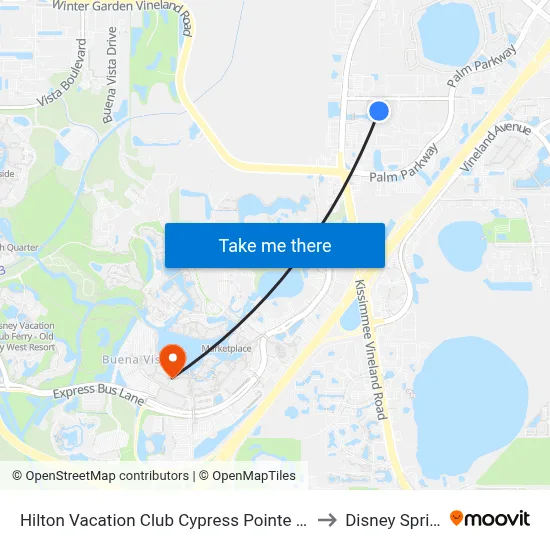 Hilton Vacation Club Cypress Pointe Orlando to Disney Springs map