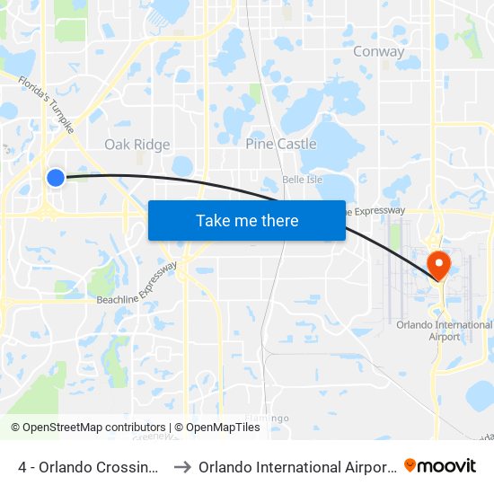 4 - Orlando Crossings Mall to Orlando International Airport - MCO map