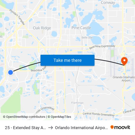 25 - Extended Stay America to Orlando International Airport - MCO map