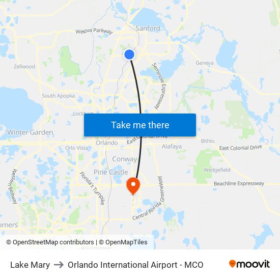 Lake Mary to Orlando International Airport - MCO map